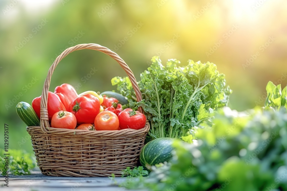 Fresh vegetables in wicker basket on sunny garden backdrop Fresh vegetables in wicker basket on sunny garden backdrop
