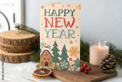 A design for Happy New Year card, banner, backdrop with HAPPY NEW YEAR texts in the center, around by stars and snowflakes