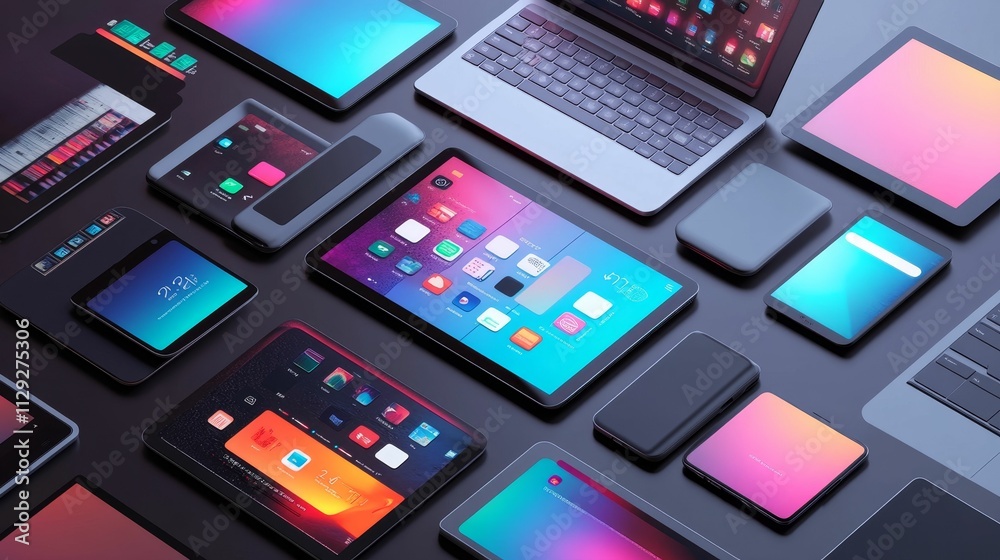 Multiple electronic devices arranged on dark surface. Multiple electronic devices arranged on dark surface.