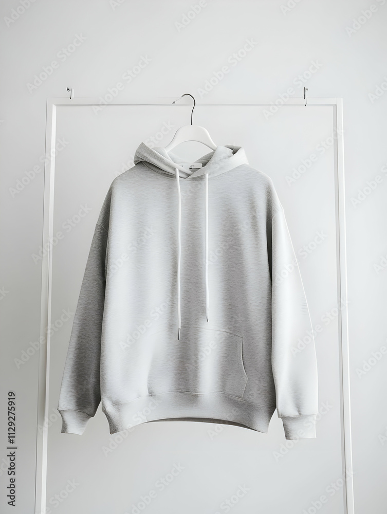 Hoodie Mockup - A gray and white hoodie hangs on a minimalist display, showcasing its casual design. Hoodie Mockup - A gray and white hoodie hangs on a minimalist display, showcasing its casual design.