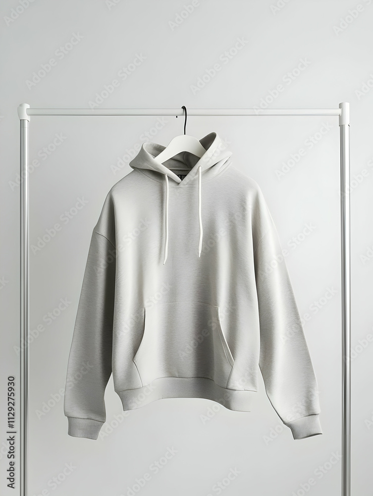 Hoodie Mockup - A light gray hoodie displayed on a hanger against a plain background. Hoodie Mockup - A light gray hoodie displayed on a hanger against a plain background.
