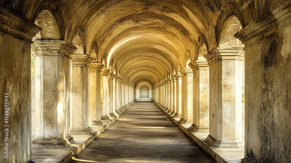 Obraz premium A serene corridor with arched ceilings and weathered columns, inviting exploration.