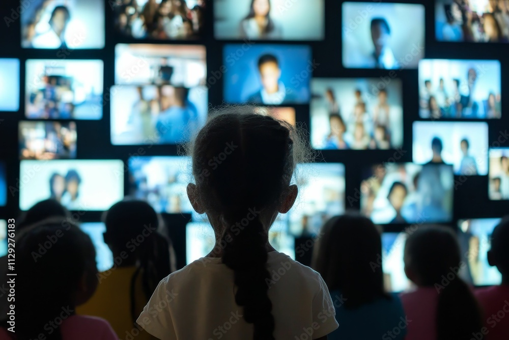 Fototapeta premium Girl watches many screens displaying people.