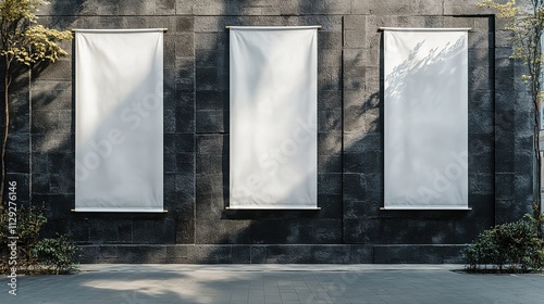 Blank white vertical banners on building facade design lockup Store flags mock up on the street Outdoor banners template on the side of the shop exterior Three signs hanging , HD image