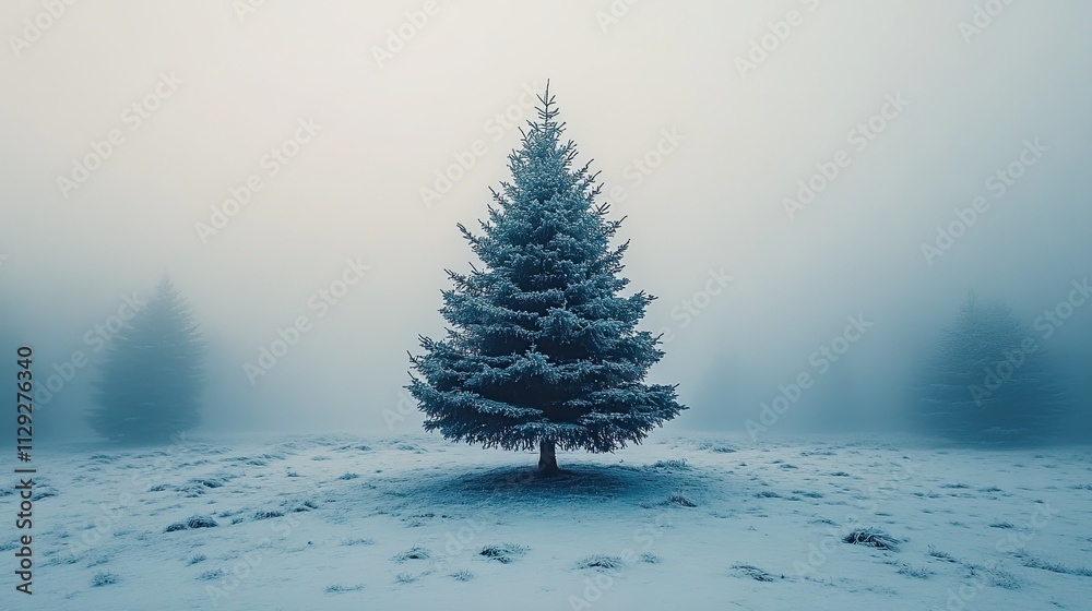 Christmas Minimalist Idea: Tree on a Snowy Wood Background Christmas Minimalist Idea: Tree on a Snowy Wood Background