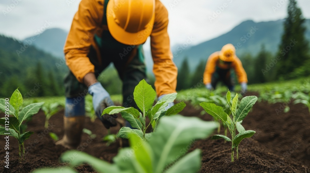 Fototapeta premium A Dedicated Agricultural Worker Tending to Young Tobacco Plants in a Lush Field Surrounded by Scenic Mountains and a Clear Blue Sky