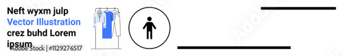 Clothing rack with various outfits next to a human icon, black lines, and placeholder text. Ideal for fashion, retail, diversity, decision-making, organization tips, wardrobe planning e-commerce