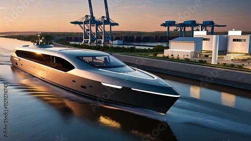 Wallpaper Mural Luxury Modern Yacht Cruising Along Industrial Harbor Waterway at Sunset with Cranes and Buildings in View

 Torontodigital.ca