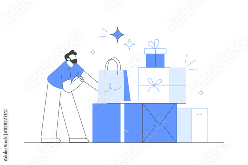 Merry Christmas and Happy New Year. Holiday. Character decorating, packing gifts boxes and preparing to holidays. Flat Cartoon Vector Illustration, icon. Stylish abstract