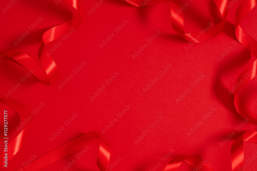 Holiday background made from curly red satin ribbon. Advertising template. Holiday concept. Creative modern design. Monochrome red background. Flat lay, top view, copy space. Holiday background made from curly red satin ribbon. Advertising template. Holiday concept. Creative modern design. Monochrome red background. Flat lay, top view, copy space.