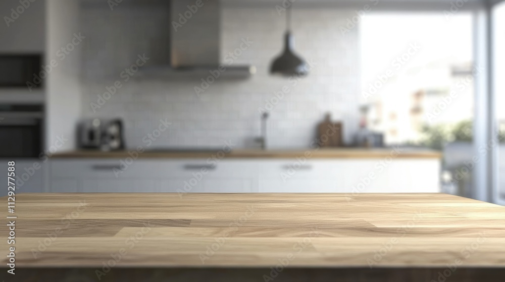 Obraz premium Wooden light empty table top in modern white kitchen, kitchen panel in interior