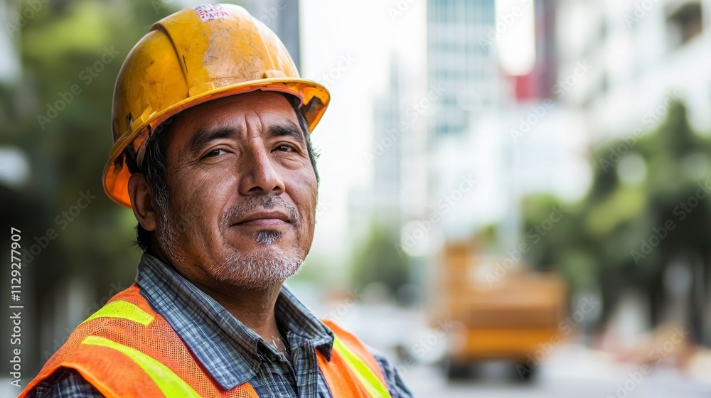 In a lively city, an experienced Hispanic construction worker, in a hard hat and vest, smiles proudly while supervising ongoing development In a lively city, an experienced Hispanic construction worker, in a hard hat and vest, smiles proudly while supervising ongoing development