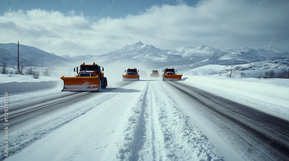A group of municipal snowplows working in tandem to clear a major highway after a heavy snowfall pushing the snow to the median. A group of municipal snowplows working in tandem to clear a major highway after a heavy snowfall pushing the snow to the median.