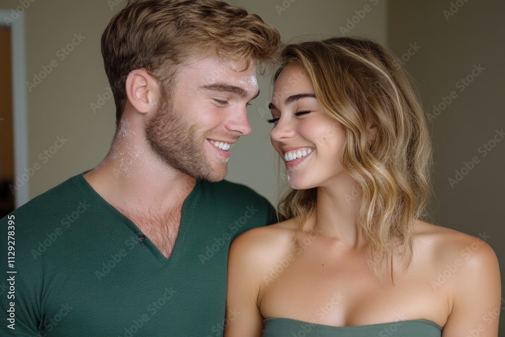 A candid moment of a married couple helping each other bake cookies in their kitchen, with flour on their faces and laughter A candid moment of a married couple helping each other bake cookies in their kitchen, with flour on their faces and laughter