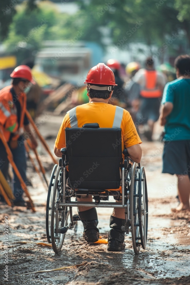 Obraz premium Muddy site worker in wheelchair, hard hat.