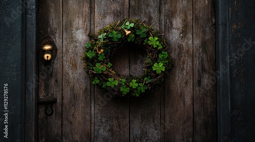 Saint patrick's day, wreath decorated with shamrocks hangs on an old wooden door in a cozy setting photo