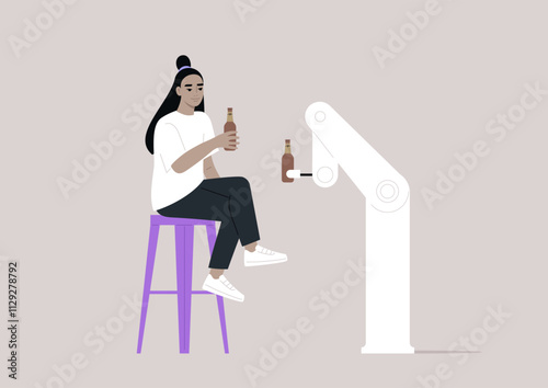 Two friends, one human and one robot, sit together at a bar, both holding frosty beers, The atmosphere is futuristic yet warm, filled with a lively conversation