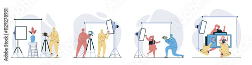 Photo studio concept set in flat design for web. Collection with people getting photography shot, children posing for portrait, photographer working at shooting in backstage. Vector illustrations.