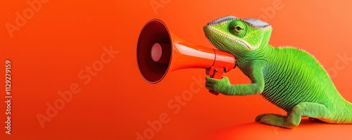 Green chameleon using a megaphone against vivid orange energetic representation of speaking out or delivering a message
