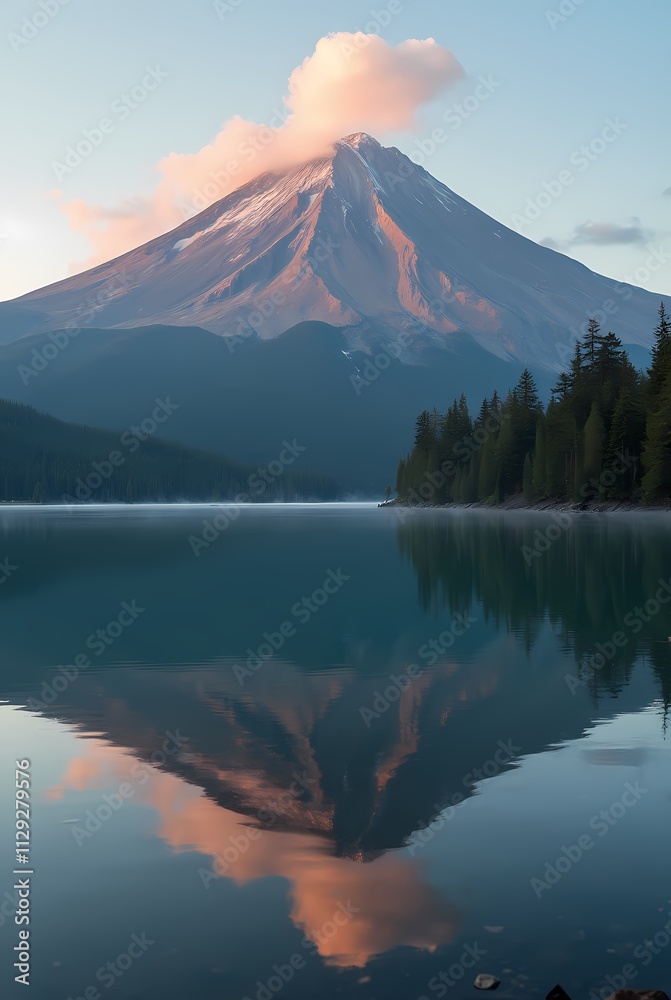 Fototapeta premium Calm waters of a lake near a volcanic mountain in the morning light