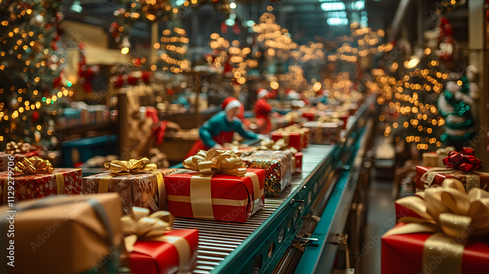 Obraz premium A large magical Christmas workshop with a conveyor belt carrying wrapped presents elves working diligently.