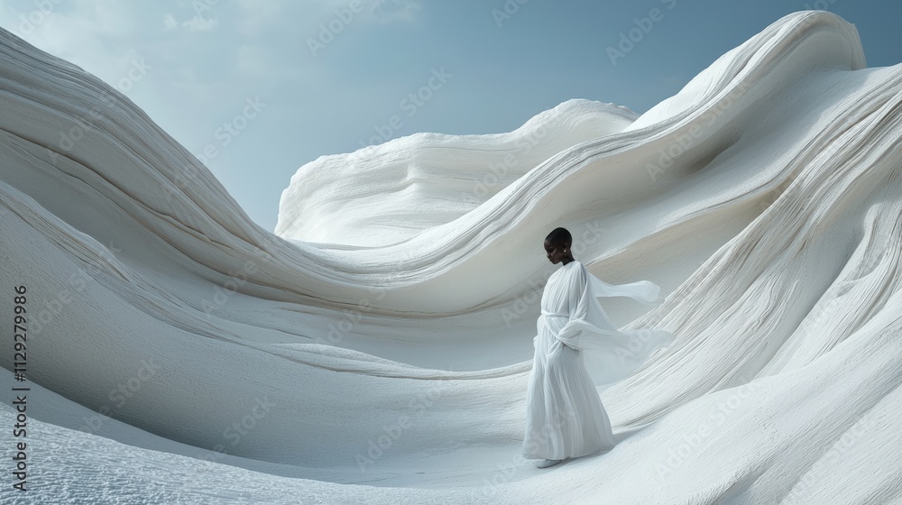 Elegant Figure in Flowing White Dress Walking Through Sculptural Wave-Like Landscape Elegant Figure in Flowing White Dress Walking Through Sculptural Wave-Like Landscape