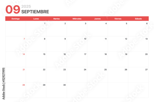 Calendario 2025. La semana del calendario 2025 empieza el domingo. Calendario corporativo minimalista limpio para Septiembre 2025