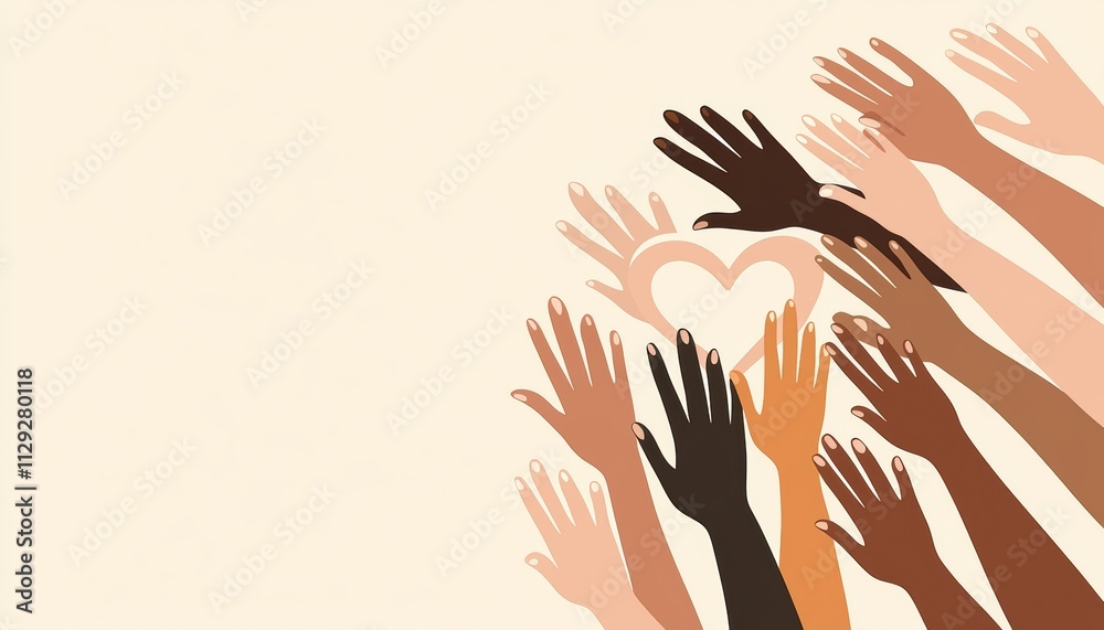 Obraz premium Multiracial hands creating a heart symbol representing compassion and togetherness on a soft gradient beige backdrop