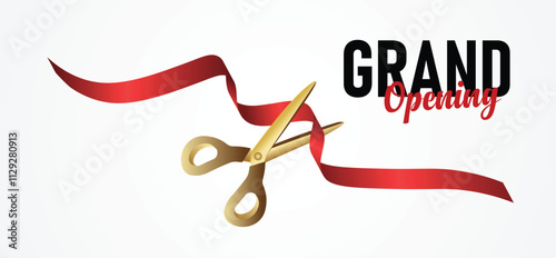 grand opening flying red ribbon with Scissors vector on white isolated