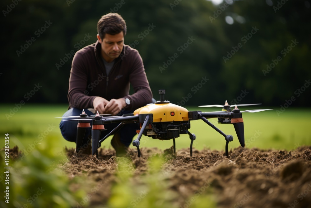 Farmer holding camera of professional drone flying over green cornfield, using modern technology in agriculture Farmer holding camera of professional drone flying over green cornfield, using modern technology in agriculture