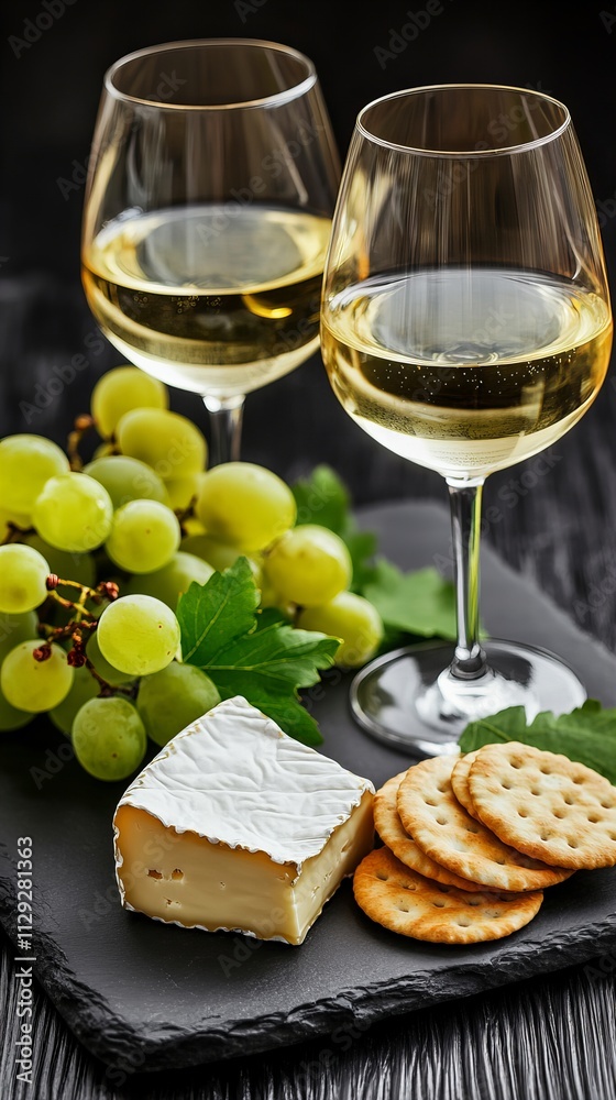 Elegant cheese and wine pairing with crackers and fresh grapes, perfect for a refined gathering. Elegant cheese and wine pairing with crackers and fresh grapes, perfect for a refined gathering.