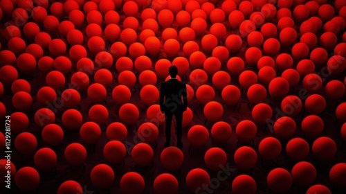 Unique orange silhouette surrounded by red masses concept of standing apart individuality and identity in a crowded world