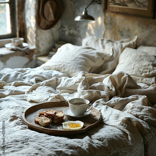 Cozy lifestyle morning in an unmade bed