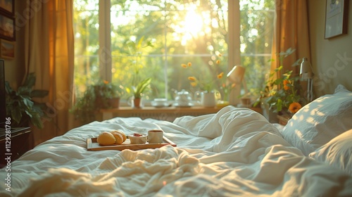 Comfortable morning in bed with tray