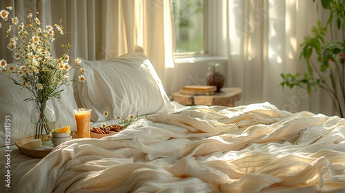 Unmade bed with breakfast and relaxation