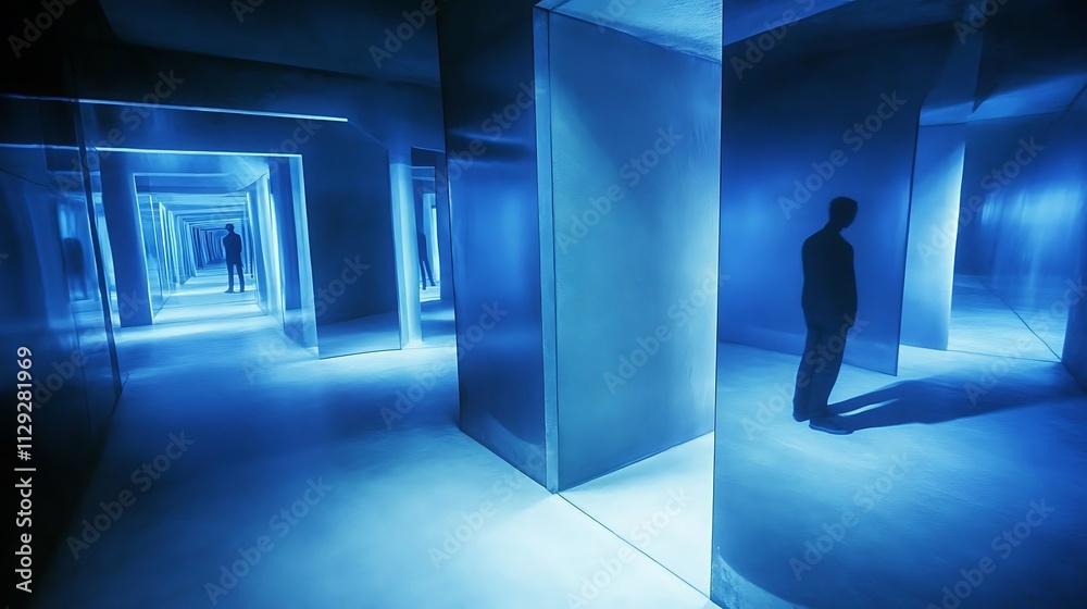 A lone figure stands in a blue mirrored hallway A lone figure stands in a blue mirrored hallway