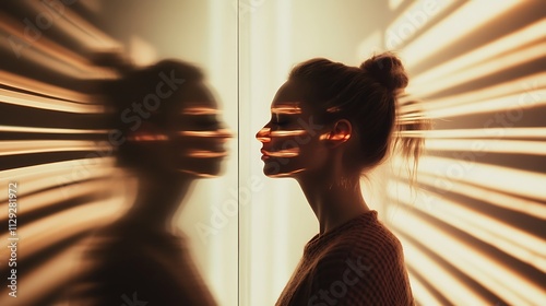 Woman facing reflection in sunlit room