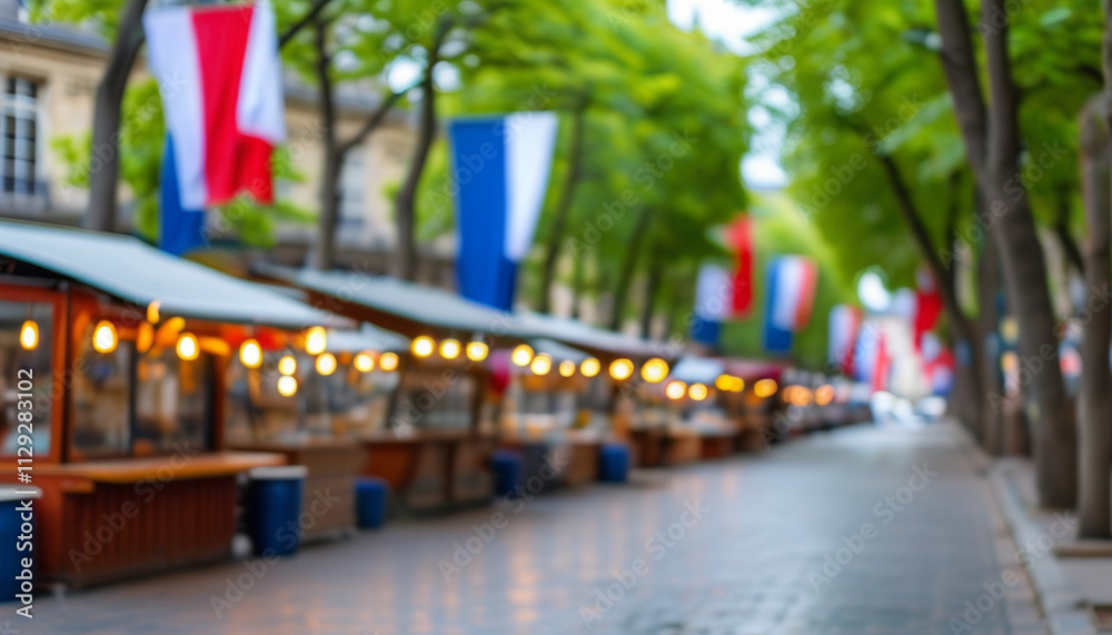 Obraz premium Blurred street market with French flags