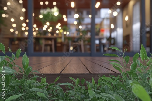 Wooden deck outside a cafe at night, plants in foreground, blurred background. photo