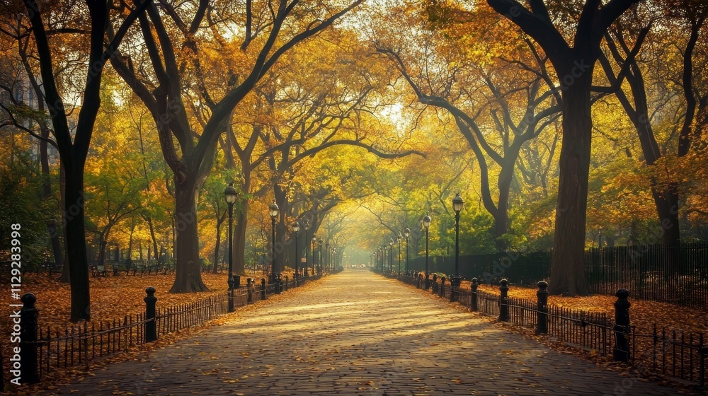 Fototapeta premium A serene autumn pathway lined with trees and fallen leaves, inviting leisurely strolls.