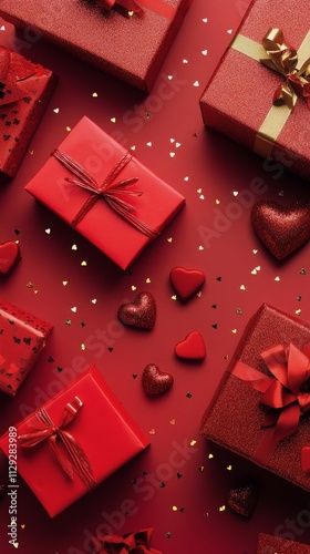 Festive red gift boxes arranged on a red background for celebration and love