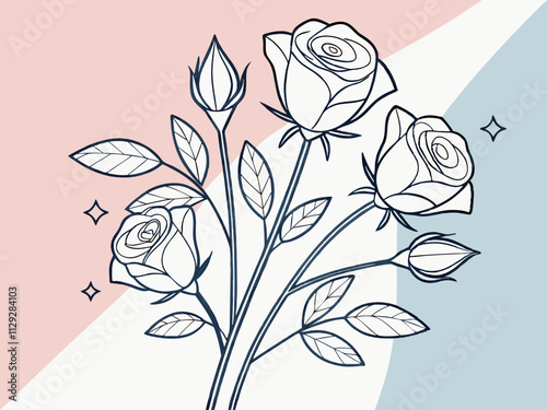 Minimalist bouquet with roses and geometric leaves on a pastel gradient background.
