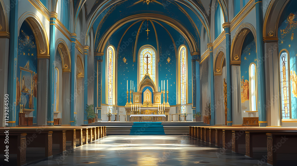 Fototapeta premium Blue and gold church interior illustration. Basilica. Illustration