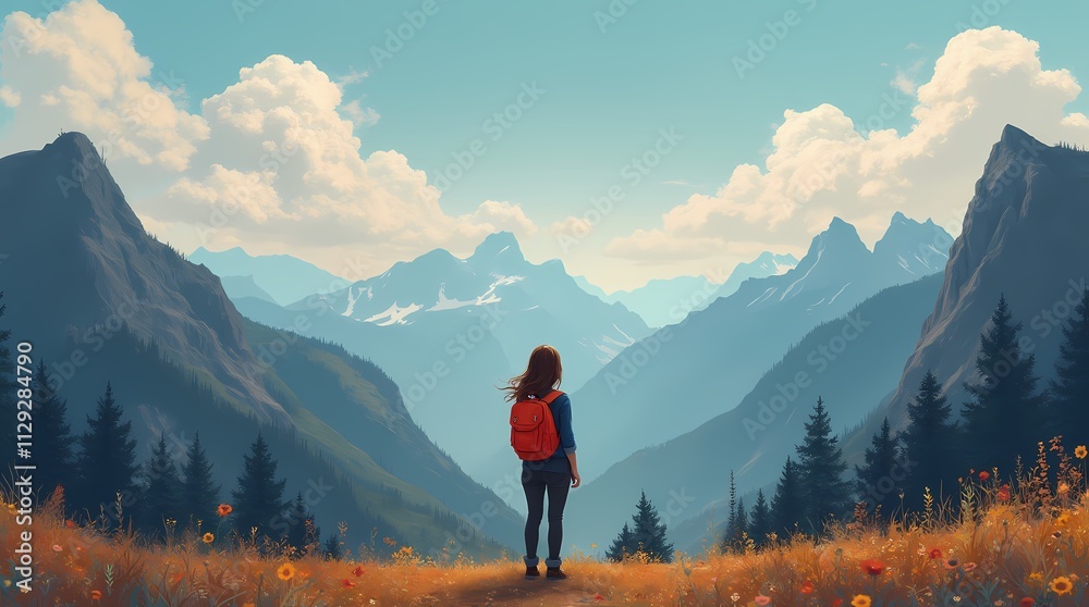 Girl standing and looking at the mountains, abstraction, surrealism Girl standing and looking at the mountains, abstraction, surrealism