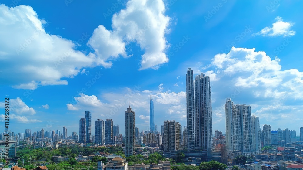 Fototapeta premium Modern Skyscrapers Reaching for a Sunny Sky