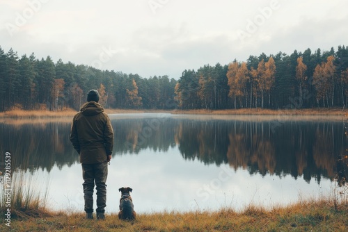 Man and his dog fishing by a quiet lake, calm water reflection, peaceful outdoor vibe