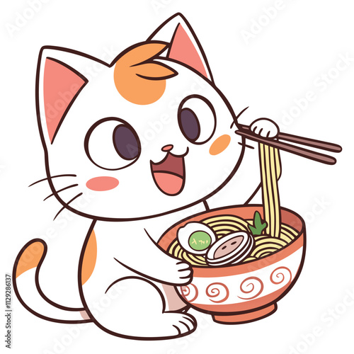 Cute Cat Eating Ramen T-Shirt Design - Kawaii Japanese Food Graphic Tee