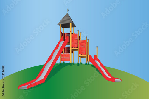 Castle climbing frame with two slides on a green hill on a playground. Yellow frame with red planks and red with silver slide and a witte gray roof.