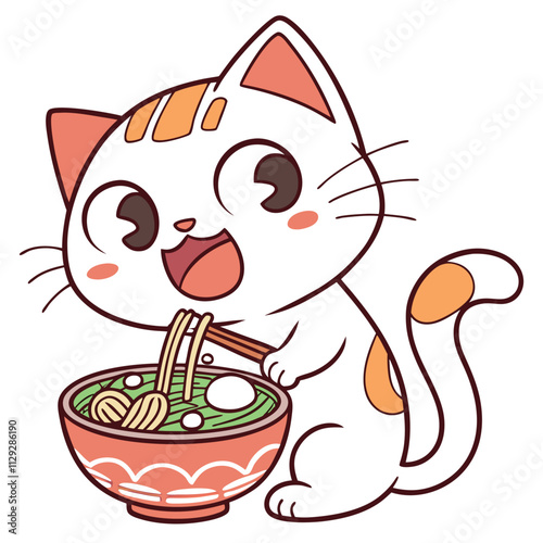Cute Cat Eating Ramen T-Shirt Design - Kawaii Japanese Food Graphic Tee
