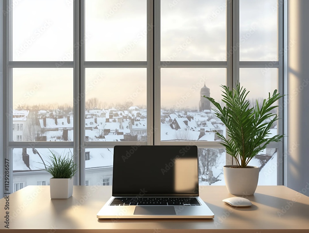 A modern office with minimalist decor and snowy rooftop views, ideal for professional and winter-themed designs. A modern office with minimalist decor and snowy rooftop views, ideal for professional and winter-themed designs.